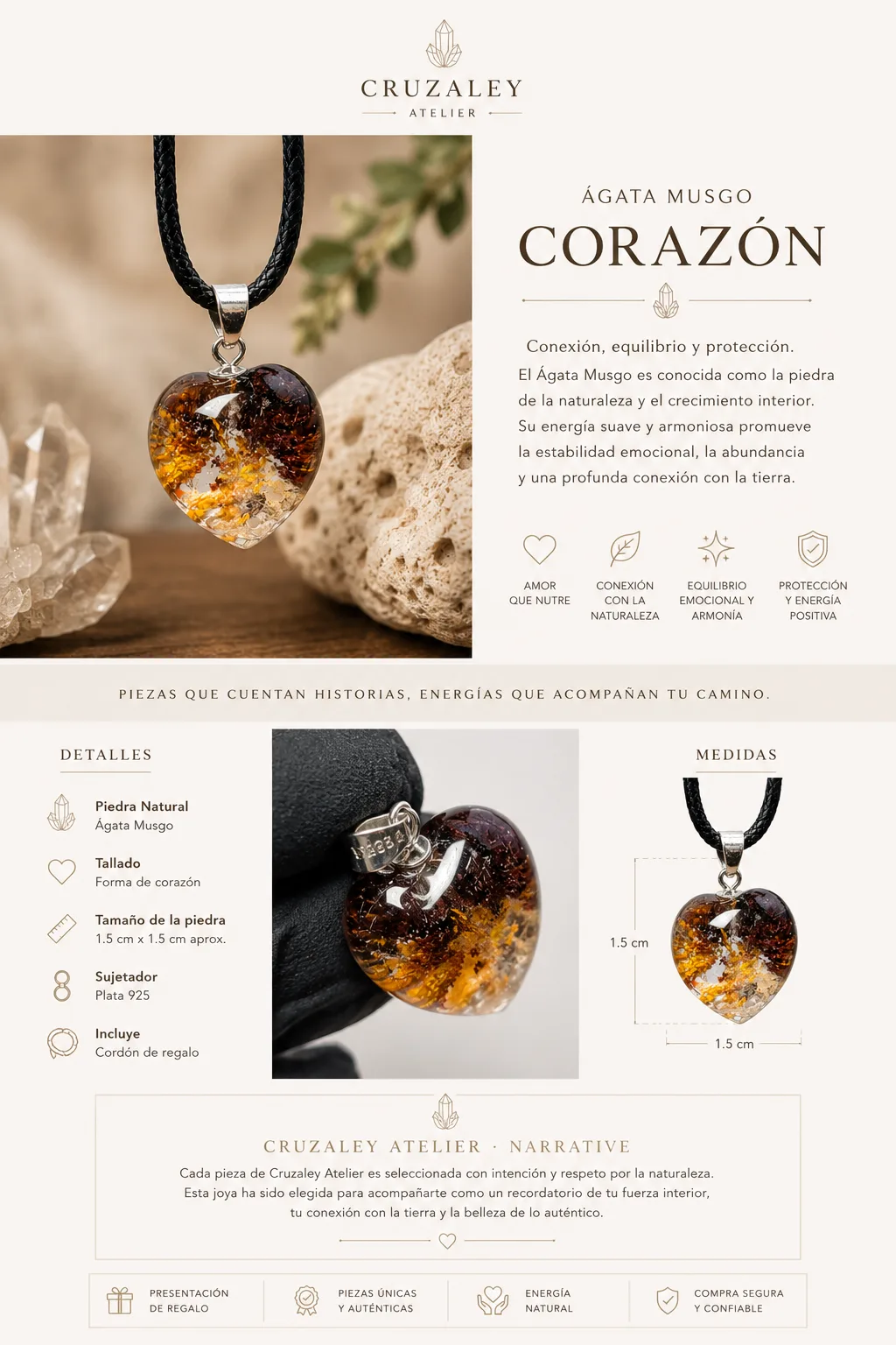 Dije de Ágata Musgo Natural | Corazón Pulido en Plata Ley .925