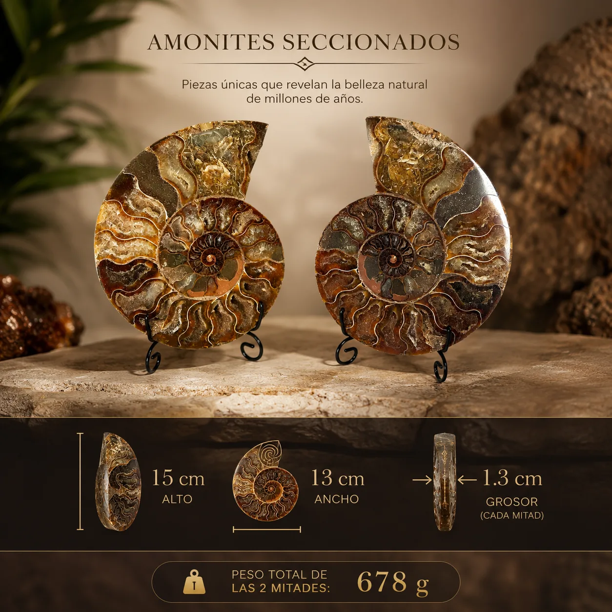 Amonite Seccionado Natural en 2 Mitades | 15 cm | Pieza de Colección con Bases de Exhibición