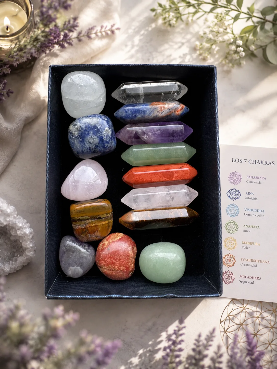Set de Cuarzos 7 Chakras en Caja Decorativa (14 piezas)