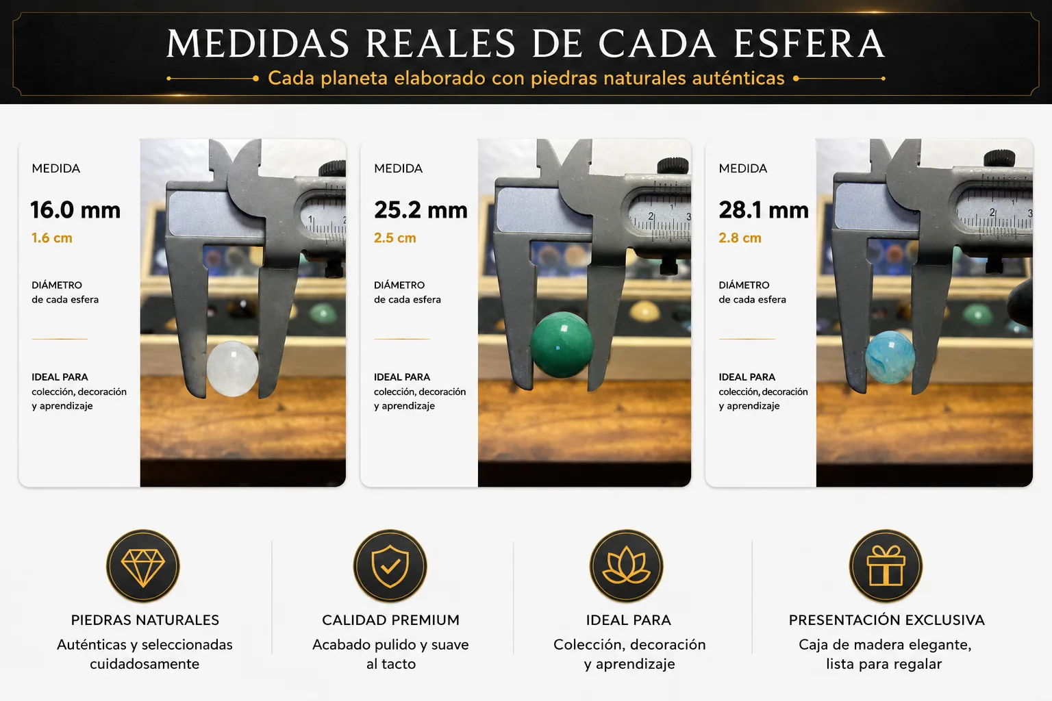 Sistema Solar 9 Planetas Cuarzo Natural en Caja de Madera