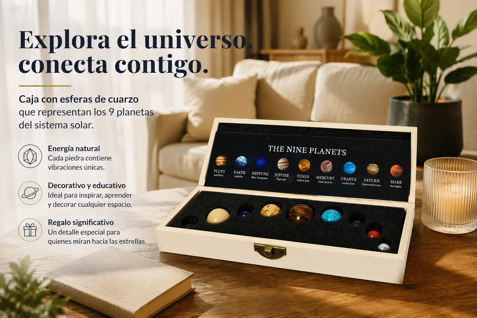 Sistema Solar 9 Planetas Cuarzo Natural en Caja de Madera