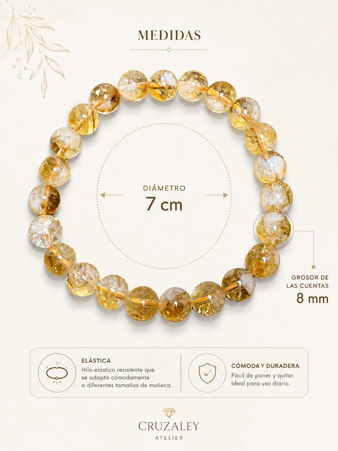 Pulsera de Citrino Natural 8 mm con Hilo Elástico | Piedra de la Prosperidad